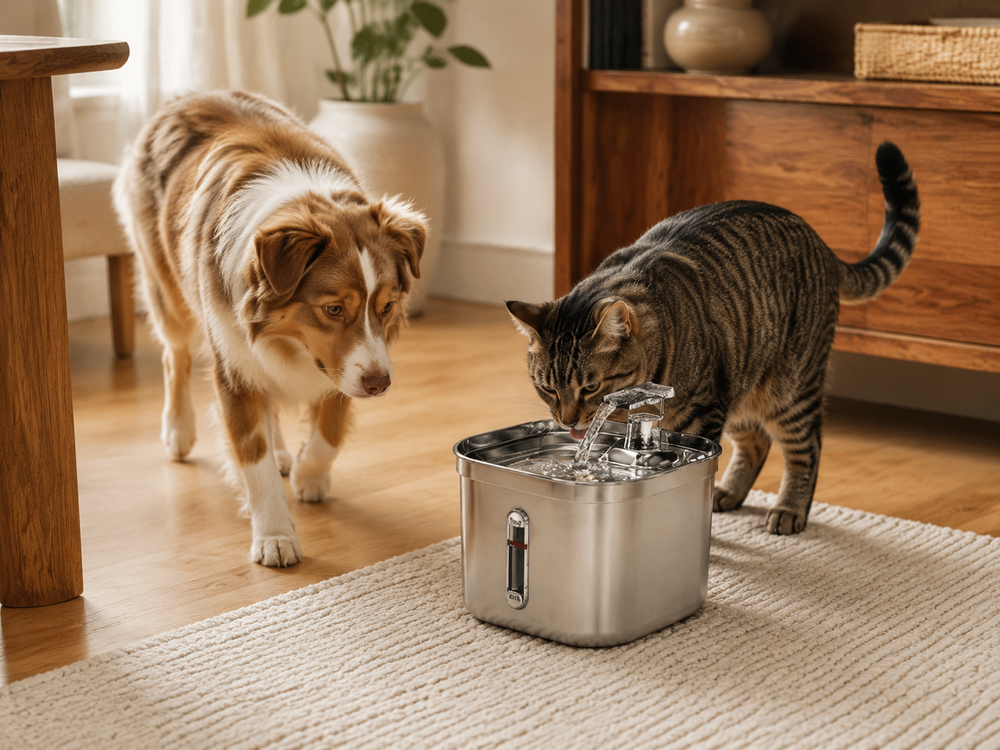 PETNEST stainless-steel sensor cat fountain used by a tabby cat with a dog nearby