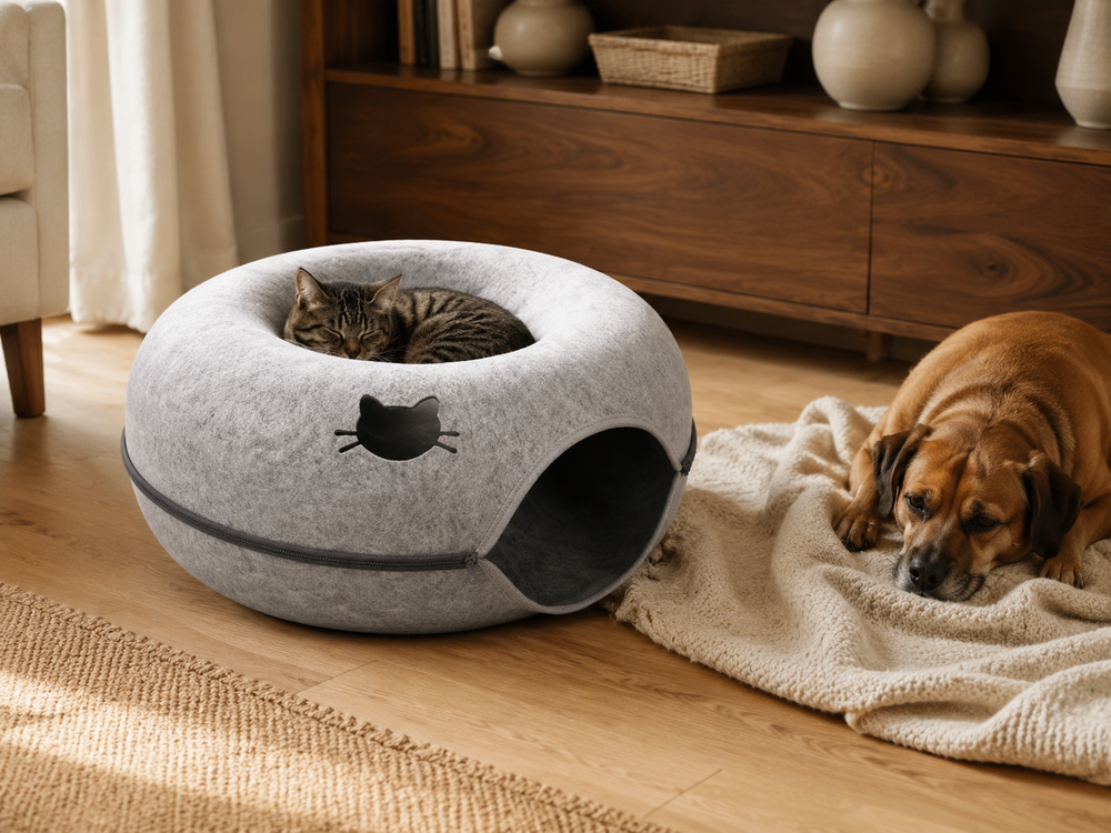 PETNEST felt donut tunnel bed with a resting tabby cat and dog