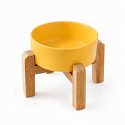 PETNEST Ceramic Bowl with Wood Stand — Yellow 400 ml