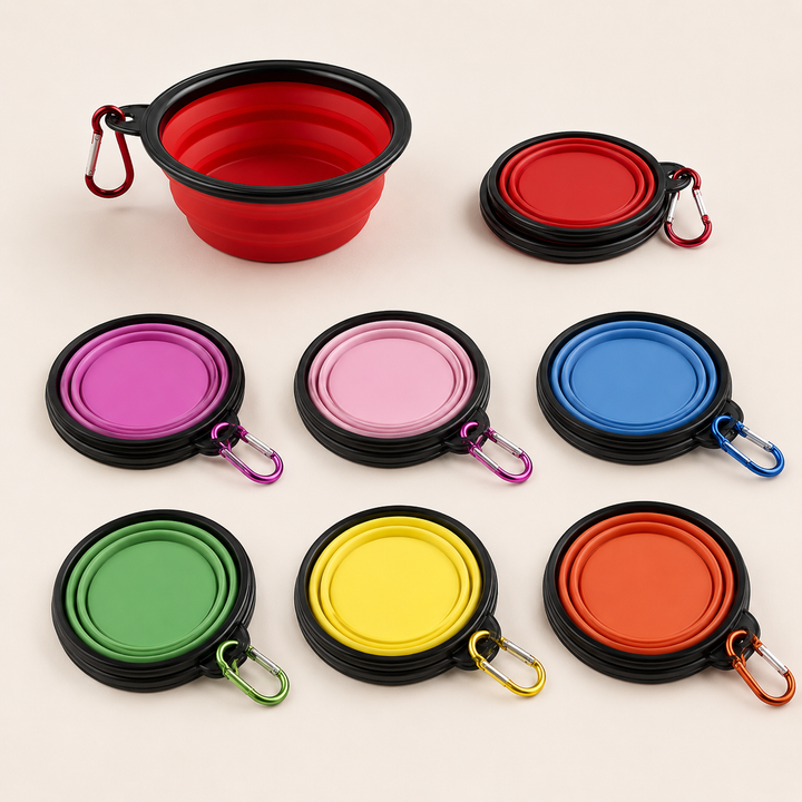 PETNEST collapsible dog travel bowls shown in available colors