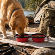 PETNEST double collapsible dog travel bowl with food and water at a lakeside campsite
