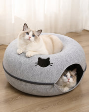 Cat using the felt donut tunnel bed with hole — light gray 60 cm