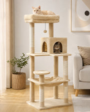 Cat using the five-level cat tower — beige 143 cm