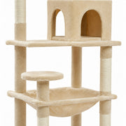 Close-up detail of the five-level cat tower — beige 143 cm