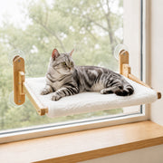 PETNEST Foldable Wooden Window Perch — Fleece Pure White Large in use by a cat