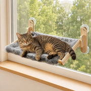 PETNEST Foldable Wooden Window Perch — Fleece Soft Grey Large in use by a cat