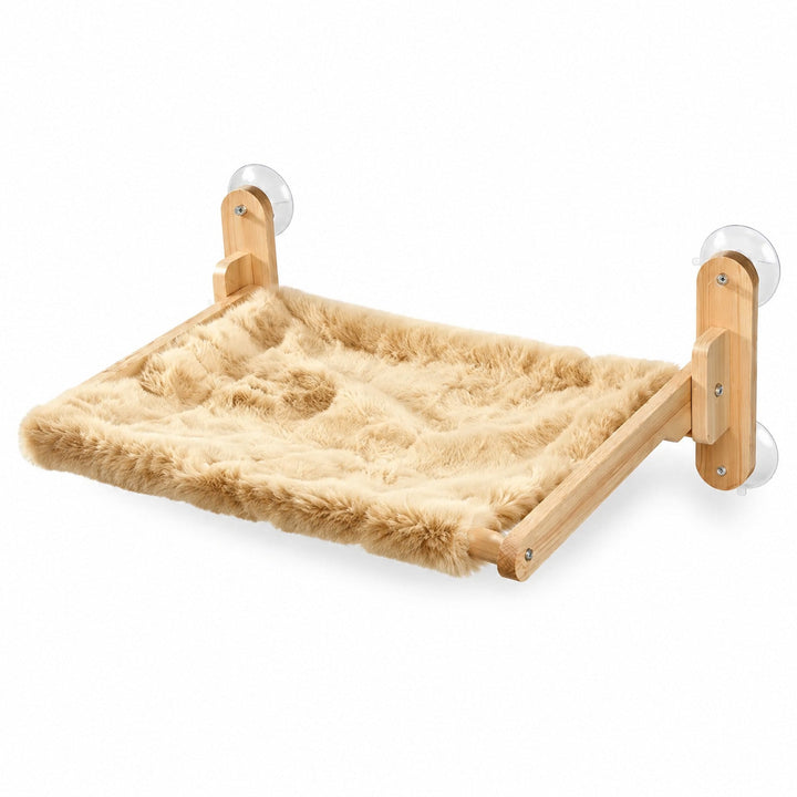 Foldable Wooden Window Perch — Warm Beige Fleece Large on a white background