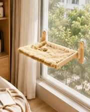 Foldable Wooden Window Perch — Warm Beige Fleece Large in a warm neutral home setting