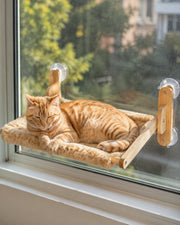 Cat using the foldable wooden window perch — warm beige fleece large