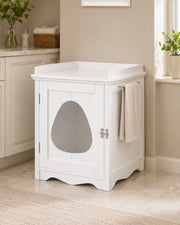 Hidden Litter Box Cabinet — White in a warm neutral home setting