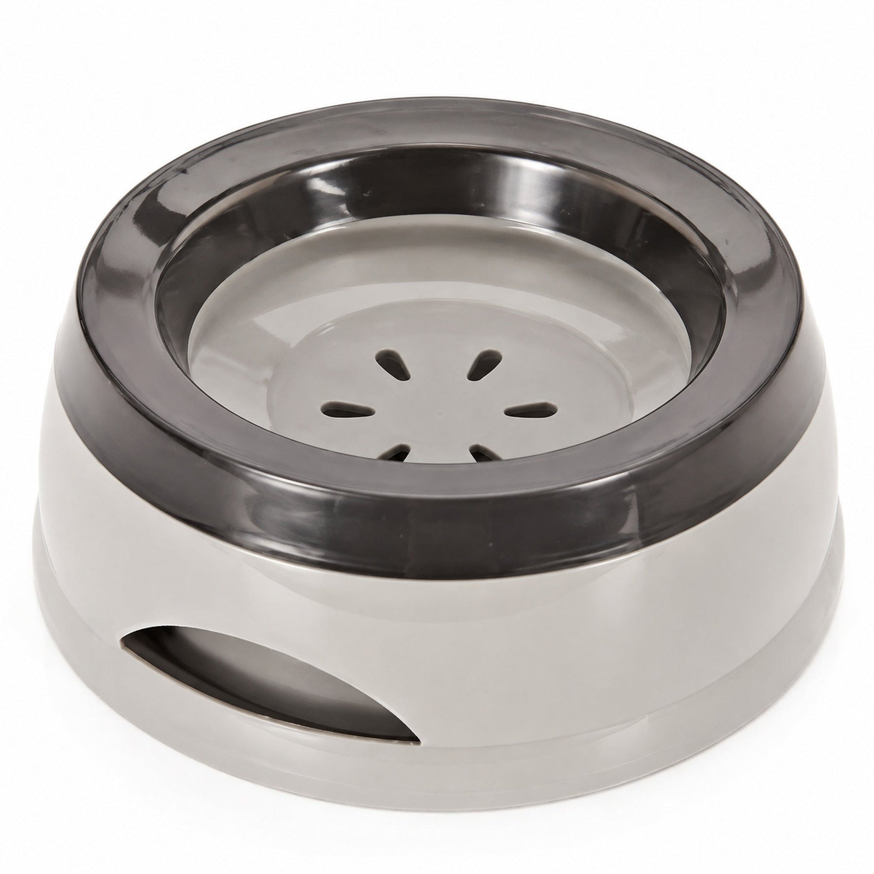 Gray no-spill floating water bowl for cats on a white background