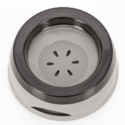 Close-up of the gray no-spill floating water bowl design