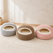 PETNEST Shell-Shaped Plush Cave Bed — Gray, Khaki, and Pink color lineup