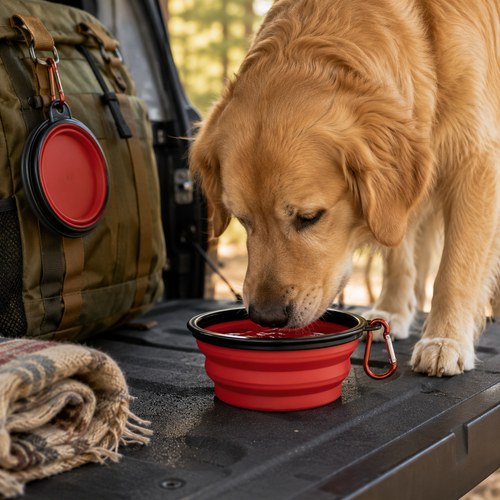 Dog drinking from a PETNEST collapsible travel bowl beside camping gear