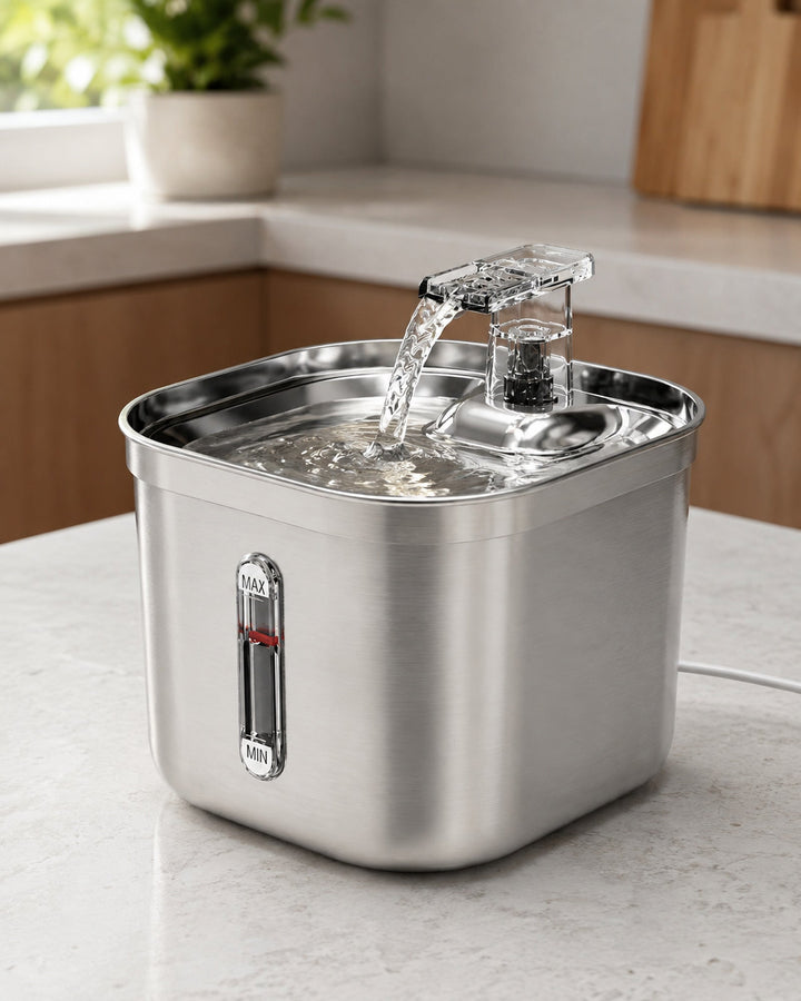 Stainless-Steel Sensor Water Fountain — 2 L in a warm neutral home setting