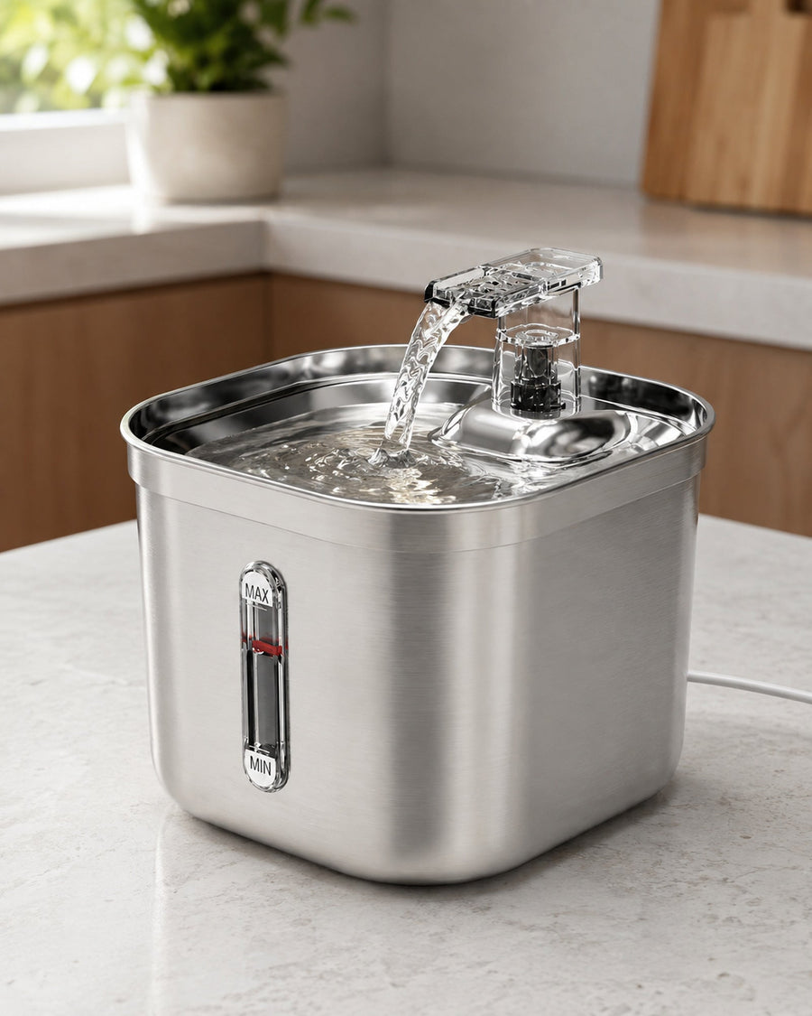 Stainless-Steel Sensor Water Fountain — 2 L in a warm neutral home setting